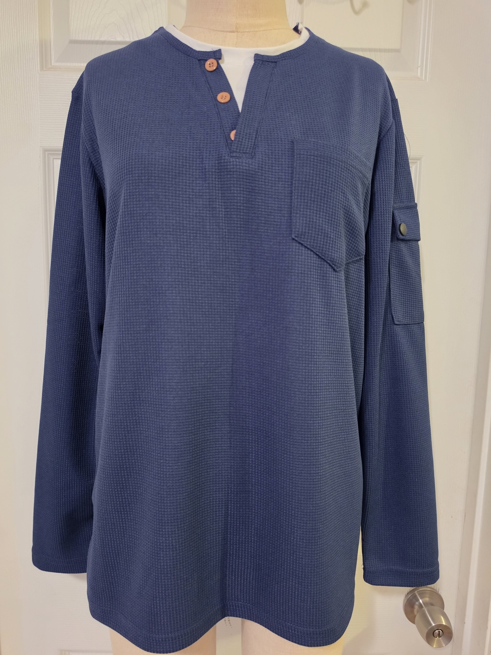 Men's Blue Waffle Henley Long-Sleeve Shirt Size Small